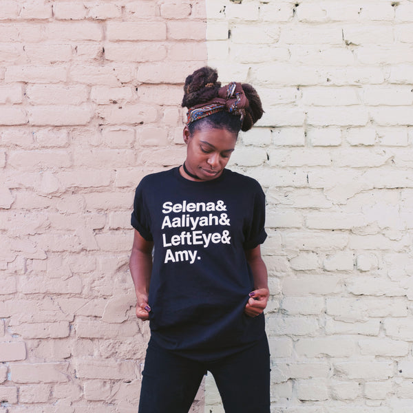 Selena Aaliyah LeftEye Amy, Selena Quintanilla-Pérez tee, Aaliyah tee shirt, Lisa Left Eye Lopes, Left Eye tee shirt, TLC Left Eye tee, Amy Winehouse tee, rest in peace tribute, singers gone to soon, rip selena, rip aaliyah, rip left eye, rip amy winehouse, hey ma goods co.