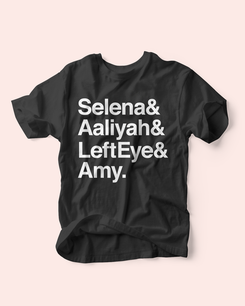 Selena Aaliyah LeftEye Amy, Selena Quintanilla-Pérez tee, Aaliyah tee shirt, Lisa Left Eye Lopes, Left Eye tee shirt, TLC Left Eye tee, Amy Winehouse tee, rest in peace tribute, singers gone to soon, rip selena, rip aaliyah, rip left eye, rip amy winehouse, hey ma goods co.